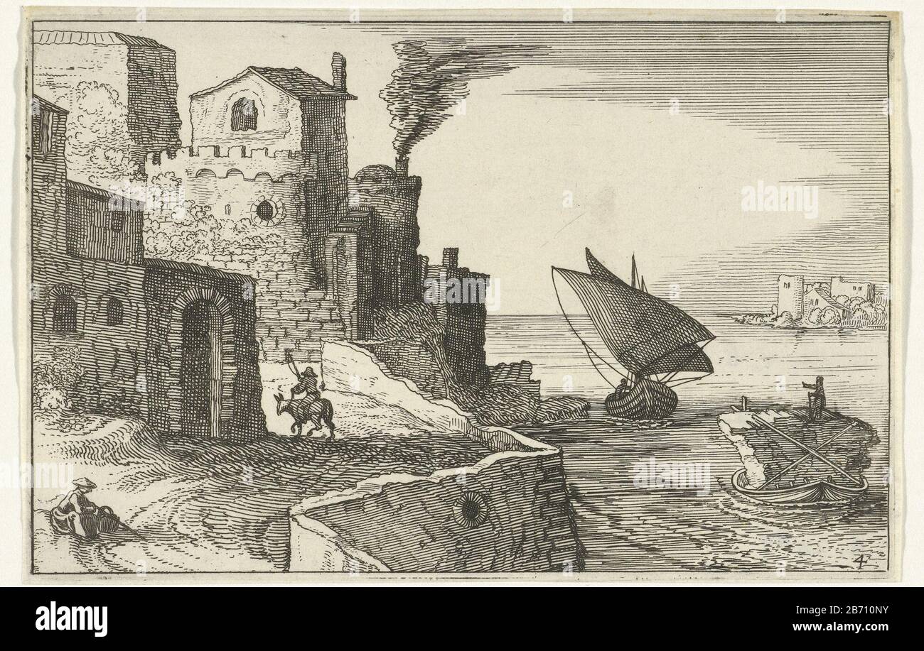 A sinistra, un villaggio con un muro di banchina. Su una strada corre un asino cavalcato, ed è una figura. Dal mare arriva una barca a vela e una chiatta con cargo che naviga lungo. La stampa fa parte di una serie di rovine romane e paesaggi costieri per una stampa di Guglielmo di Nieulandt. Produttore : stampare da Willem van Nieulandt (II) printmaker: Anonymous publisher Claes Jansz. Visscher (II) Luogo di fabbricazione: Amsterdam Data: 1618 caratteristiche Fisiche: Materiale di incisione: Carta Tecnica: Incisione dimensioni: Bordo della piastra: H 101 mm × W 155 mm Oggetto: Spedizione mercantile, trasporto venuto barca a vela, via villaggio barca a vela Foto Stock
