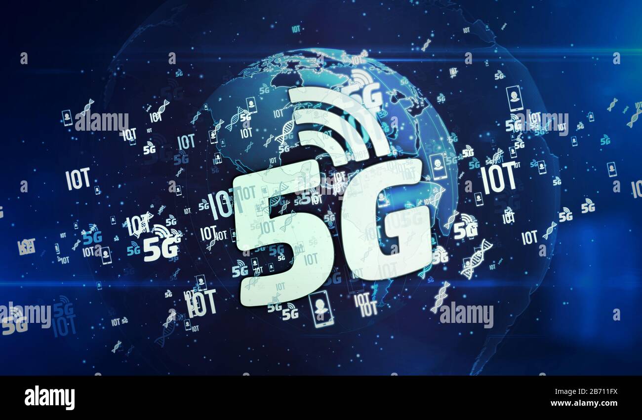 Comunicazioni mobili 5G, iot, trasmissione dati, simboli di reti wireless digitali su globo digitale illustrazione 3d. Concetto astratto sfondo. Foto Stock