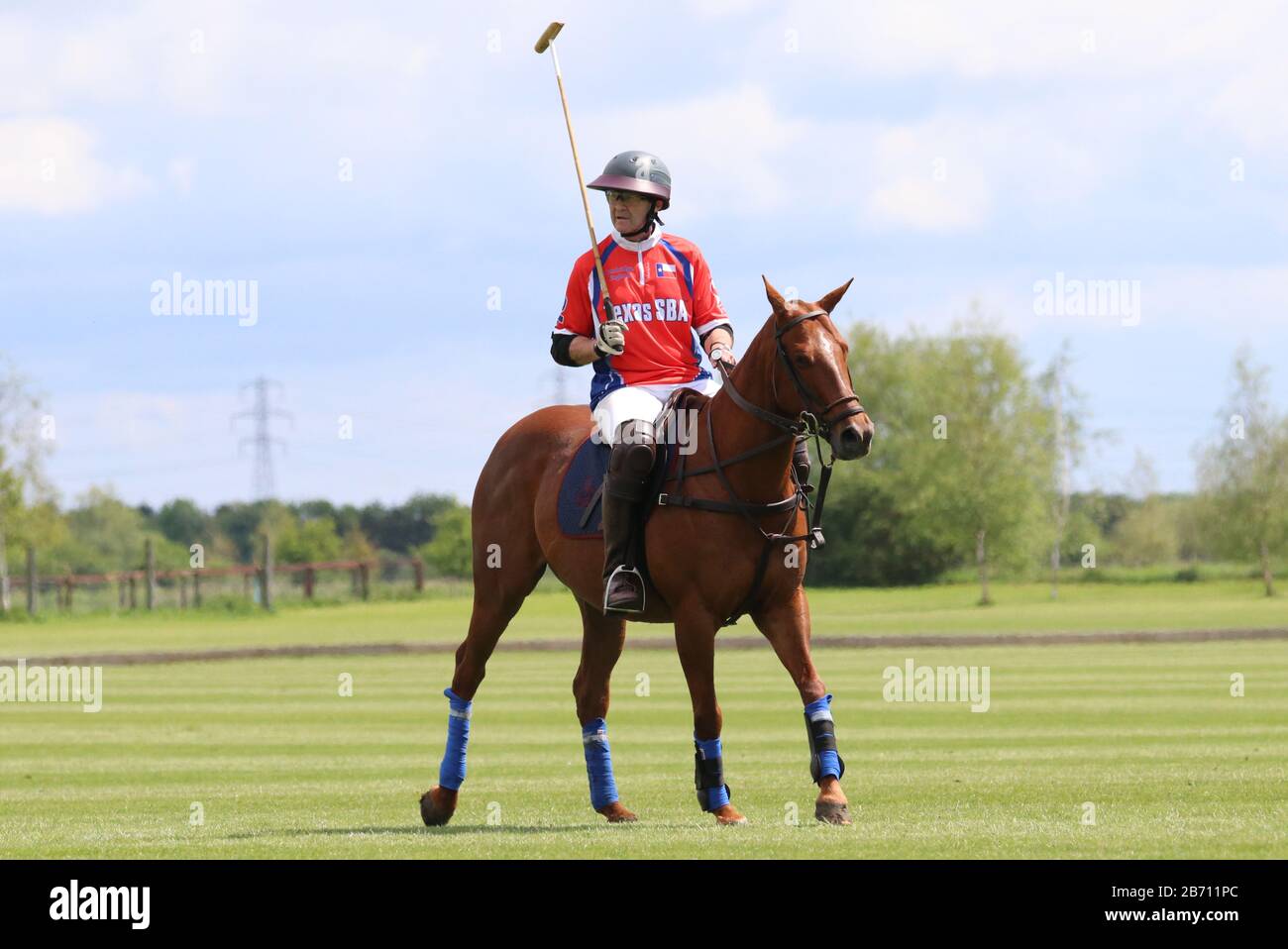 Il giocatore di polo svegli il suo cavallo prima del chukka Foto Stock