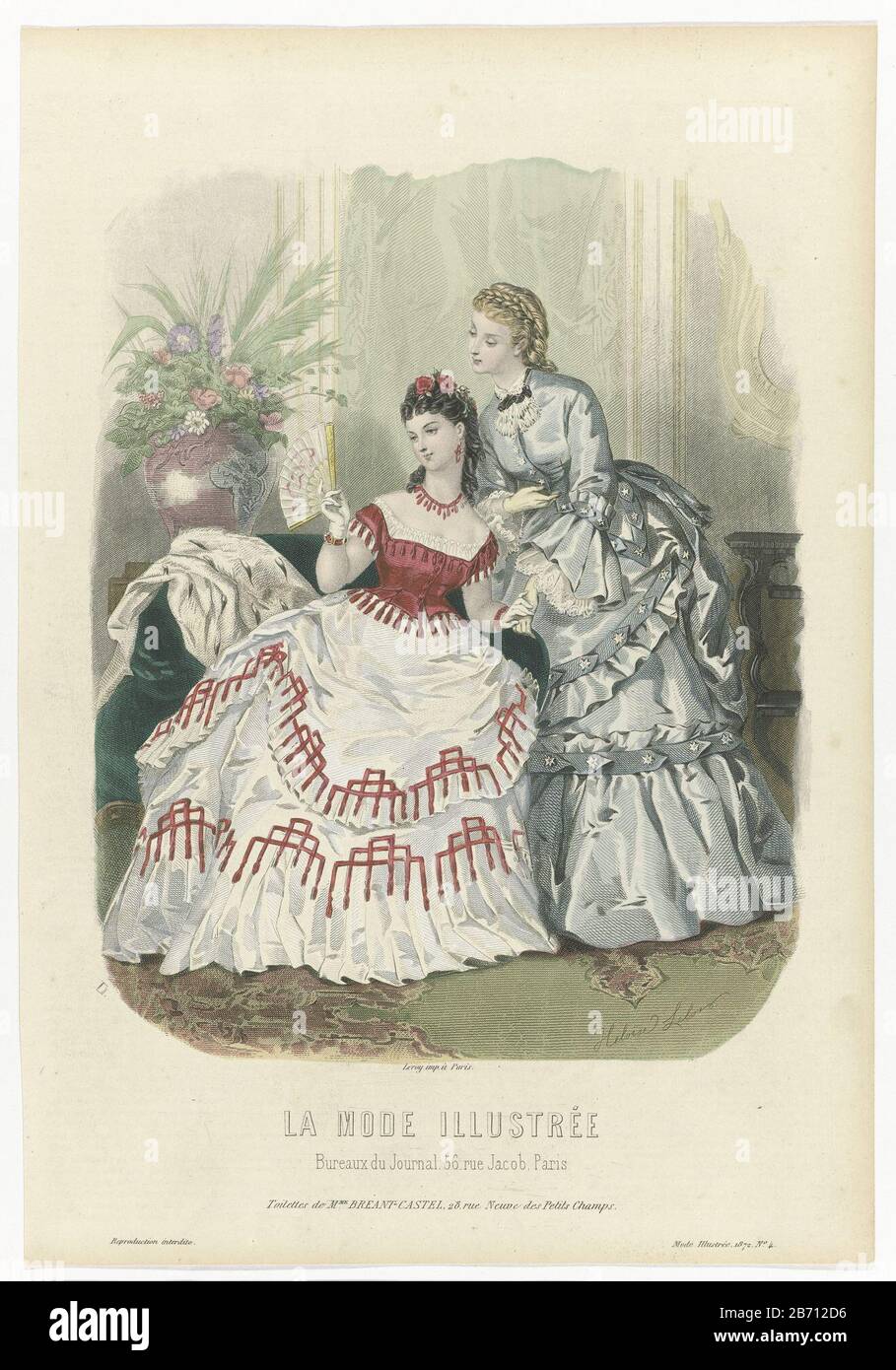 Due donne in interuer vestito in abito da sera con coda di Bréant-Castel. Stampa la rivista di moda la Mode Illustrée (1860-1937) . Produttore : stampatore: Anonimo (proprietà elencata) a disegno: Heloise Leloir-Colin (edificio elencato) stampante: Leroy (proprietà elencata) Luogo di produzione: Parigi Data: 1872 caratteristiche Fisiche: Engra, materiale colorato a mano: Tecnica della carta: Engra (processo di stampa) / misure a mano-colore: Foglio: H 362 mm × W 250 mm Oggetto: moda piatti abito, abito da donna (+ abbigliamento da donna)  abbigliamento (+ abbigliamento da donna ) collana (+ abbigliamento da donna) ear-rin Foto Stock