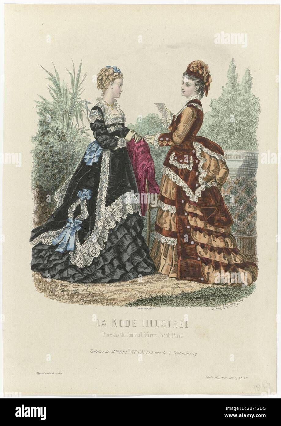Due donne all aperto indossano abiti con coda di Breant Castel. Stampa la rivista di moda la Mode Illustree 1860 1937 Produttore stampatore Anonimo al disegno Anais Colin Toudouze edificio elencato st...