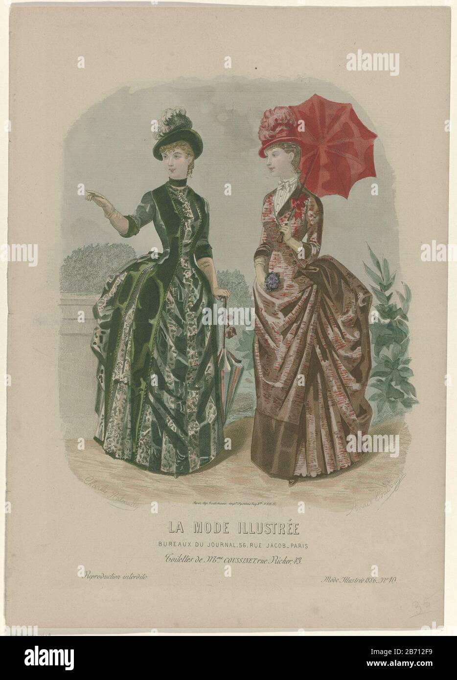 Due donne all'aperto. Secondo la didascalia ensemble Coussinet. Stampa la rivista di moda la Mode Illustrée (1860-1937) . Produttore : stampatore Charles RABOUILLE (proprietà in elenco) Designed by: Anaïs Colin-Toudouze (edificio in elenco) stampante: Auguste Godchaux & Cie (proprietà in elenco) Fabbricazione Del Luogo : Parigi Data: 1886 caratteristiche Fisiche: Engra, materiale colorato a mano: Carta Tecnica: Engra (processo di stampa) / misure a colori a mano: Foglio: H 370 mm × W 261 mm Oggetto: abbigliamento da donna: cappello (+ abbigliamento da donna), abito da donna (+ abbigliamento da donna), ombrellone (+ abbigliamento da donna) Foto Stock