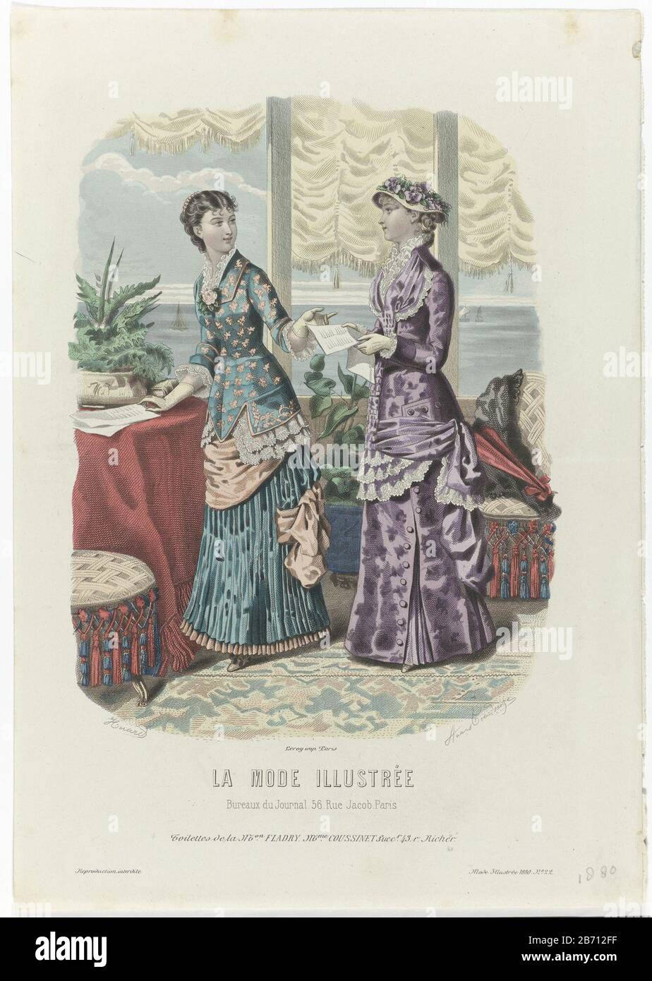 Due donne al tavolo dell interno vestite di abiti di Maison Fladry successore Coussinnet. Stampa la rivista di moda la Mode Illustree 1860 1937 Produttore tipografo Huard proprieta in elenco a disegno