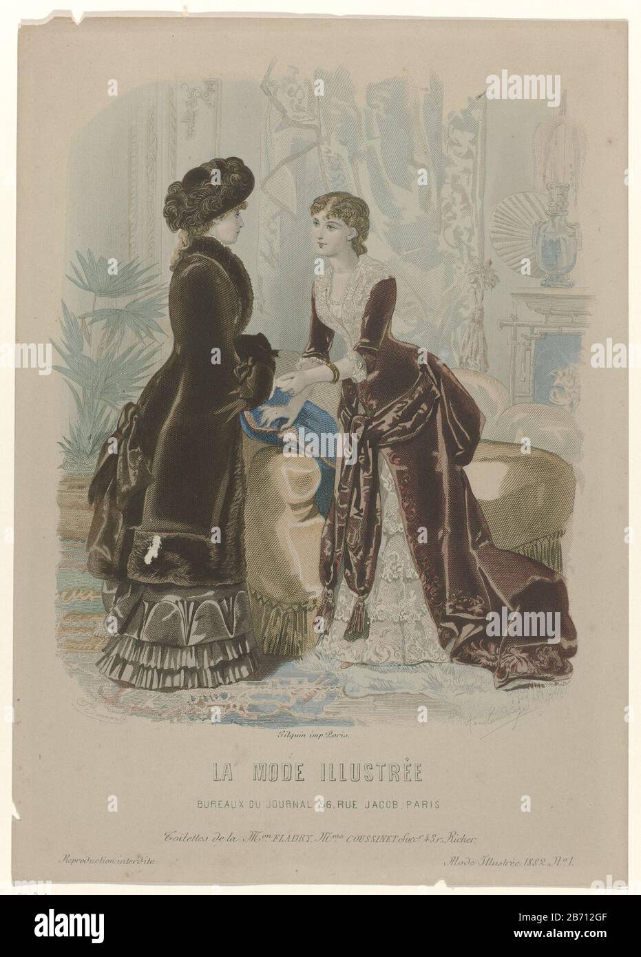 Due donne in un interno. Sinistra: Toilette de ville '. Gonna e corpetto di 'Plush' in varie sfumature di marrone. 'Grande visite' marrone 'peluche' con pelliccia. Giusto: 'Toilette la cena di 'moire 'e' velluto naccarat (rosso?). Due sciarpe legate davanti. Secondo la didascalia, 'toilettes' Maison Fladry, successore Coussinet. Stampa la rivista di moda la Mode Illustrée (1860-1937). Dettagli del vestito a pagina 6 DESCRIZIONE DEI TOILETTES. Produttore : printmaker J. Bonnard (proprietà elencata) a disegno: Anaïs Colin-Toudouze (edificio elencato) stampante: Gilquin (proprietà elencata) Luogo Foto Stock