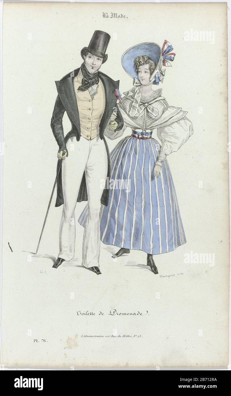La Mode, 1830, Pl 76 Toilette De Promenade 'Toilette Promenade. Uomo e  donna, braccio in braccio, entrambi in costume da passeggio. Uomo: Giacca,  gilet e collant con gambe svasate. cravat annodato. Jabot