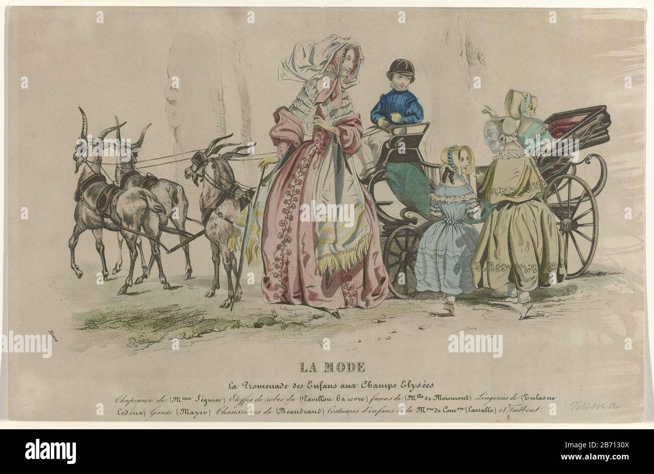 La Mode, 9 avril 1842 la Promenade des Enfans () Donna, tre ragazze e un ragazzo in una carrozza disegnata da quattro bucks. Secondo la didascalia cappelli baldacchino Séguin. Tessuti di abiti Pavillon Hanovre, condotti nella maniera di Mois Malt. 'Lingeries' Di Tulasne Ledoux. Guanti Mayer. Scarpe Beaudraud. Abbigliamento per bambini della "Maison de Commission" (Lassalle). Stampa la rivista di moda la Mode (1829-1855) . Produttore : printmaker: Pierre Numa Bassaget (Proprietà quotata) Luogo di produzione: Parigi Data: 1842 caratteristiche Fisiche: Engra, materiale colorato a mano: Carta Tecnica: Engra (processo di stampa) / Foto Stock