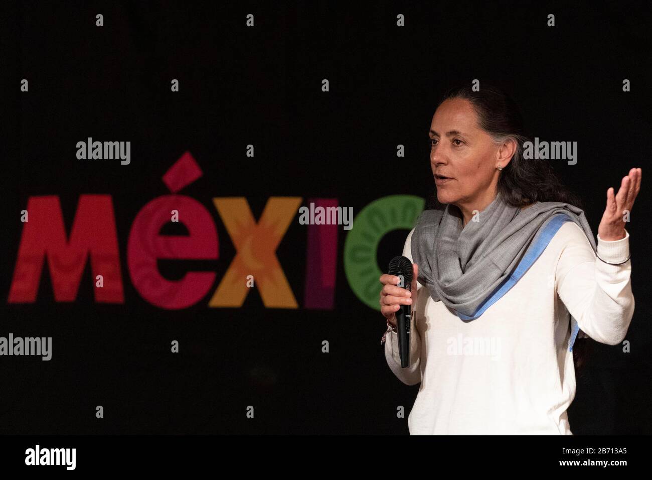 12 marzo 2020, Tokyo, Giappone: Melba Pia Ambasciatore del Messico in Giappone ha tenuto un discorso prima di iniziare un evento speciale della band pop Playa Limbo presso l'Ambasciata del Messico a Tokyo. Playa Limbo è in Giappone come parte del suo programma internazionale Tour Universo Amor, dopo essere stato eseguito in Thailandia e Australia. La band pop messicana ha riprogrammato la sua agenda in Giappone dopo che il governo giapponese ha chiamato a rinviare o annullare grandi eventi sportivi e culturali nel mese di marzo a causa del nuovo focolaio di coronavirus (COVID-19) nel paese. (Credit Image: © Rodrigo Reyes Marin/Zuma Wire) Foto Stock