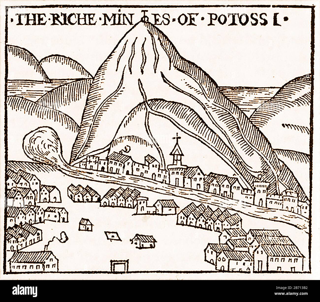 Un taglio di legno del XVI secolo che mostra miniere d'argento a Potosi. (Villa Imperial De Potosí), Bolivia, Sud America. E' una delle citta' piu' alte del mondo e una volta e' servita come luogo della zecca d'argento coloniale Spagnola. Come il taglio di legno mostra Potosí si trova ai piedi del Cerro de Potosí ricco d'argento o Cerro Rico (montagna ricca), considerato come 'made di minerale d'argento'. Si stima che questa montagna producesse il 60% di tutto l'argento estratto nel mondo durante la seconda metà del XVI secolo. I pezzi di otto monete, amati dai film pirati, furono prodotti alla menta di Potosi. Foto Stock