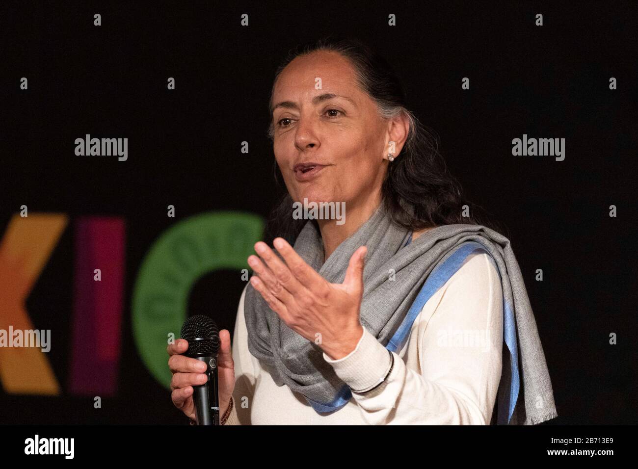 12 marzo 2020, Tokyo, Giappone: Melba Pia Ambasciatore del Messico in Giappone ha tenuto un discorso prima di iniziare un evento speciale della band pop Playa Limbo presso l'Ambasciata del Messico a Tokyo. Playa Limbo è in Giappone come parte del suo programma internazionale Tour Universo Amor, dopo essere stato eseguito in Thailandia e Australia. La band pop messicana ha riprogrammato la sua agenda in Giappone dopo che il governo giapponese ha chiamato a rinviare o annullare grandi eventi sportivi e culturali nel mese di marzo a causa del nuovo focolaio di coronavirus (COVID-19) nel paese. (Credit Image: © Rodrigo Reyes Marin/Zuma Wire) Foto Stock