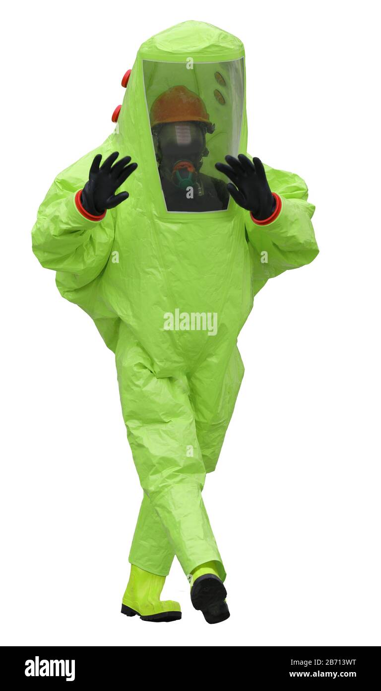 tuta protettiva del medico per evitare radiazioni o infezioni virali su sfondo bianco Foto Stock