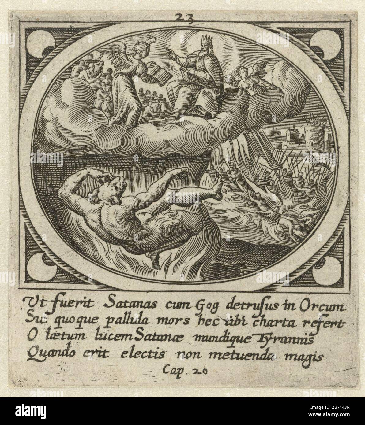 Laatste Oordeel en de duivel in de poel van vuur geworpen Openbaring van Johannes op Patmos (serietitel) Icones Revelationum S Johs Evangeliste in Pathmo (serietitel) Cielo con Dio Padre, seduto sul trono, circondato dai morti. Di fronte a lui si trova un angelo con un libro aperto. Sullo sfondo c'è chi sembra essere gettato nel lago di fuoco nel libro della vita (la seconda morte). Il diavolo, dopo aver liberato mille anni indietro, gettato dal fuoco e macina nel lago. Nel margine di una firma a quattro righe in latino. Ventitreesimo posto in una serie di ventiquattro con la Reve Foto Stock