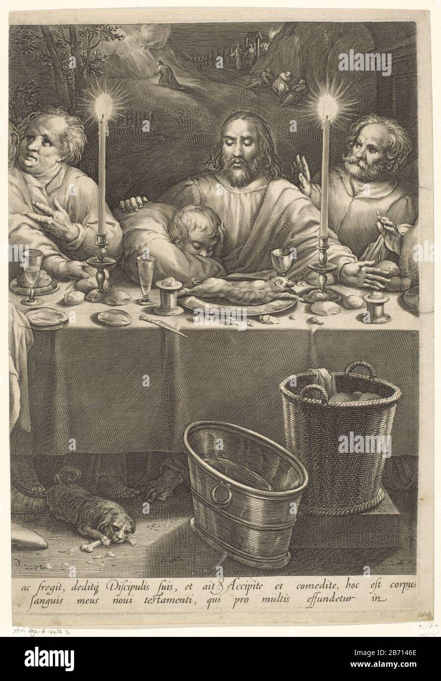Laatste avondmaal (macchia nascosta) Cristo siede all'ultima cena in mezzo ai suoi discepoli. Giovanni è contro il petto. I discepoli reagiscono accanto a lui sorpreso che disse che uno di loro lo tradirà. Candele sul tavolo e mangiare. Sotto il tavolo, un cane con un osso. Sullo sfondo, la presentazione di Cristo nel Giardino di Getsemane. Produttore : Printmaker Jan Harmensz. Muller alla progettazione: Gillis Coignet (i) Editore: Cornelis Danckerts (i) dedicato a Jacques Razetoppgedragen da: Gillis Coignet (i) Fabbricazione Del Luogo: Amsterdam Data: 1594 e / o 1630 - 1656 caratteristiche Fisiche: Auto m. Foto Stock