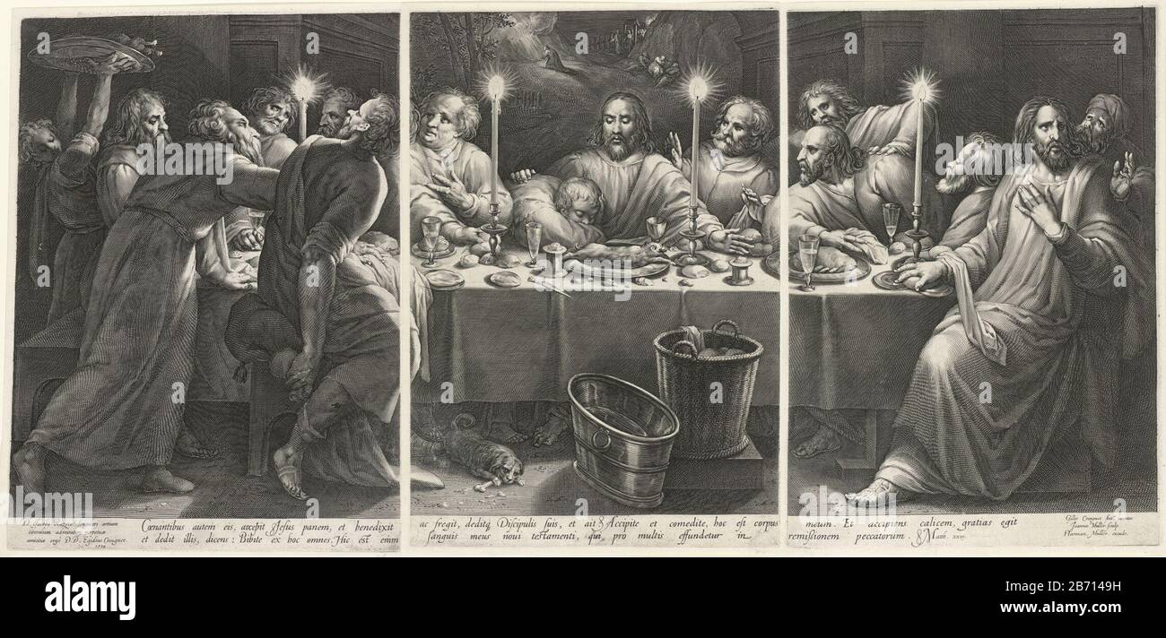 Laatste avondmaal Cristo siede nell'ultima cena al centro dei suoi discepoli. I discepoli sono sorpresi dalla sua dichiarazione che gli tradirà uno di loro. Giuda tiene la borsa con i pezzi d'argento dietro la schiena. Sullo sfondo, la presentazione di Cristo nel Giardino del Getsemani. Centro inferiore del margine un riferimento al testo biblico in Latijn. Produttore : Printmaker Jan Harmensz. Muller (edificio elencato) designer: Gillis Coignet (i) (edificio elencato) editore: Harmen Jansz Muller (edificio elencato) dedicato a Jacques Razet (edificio elencato) commissionato da: Gill Foto Stock