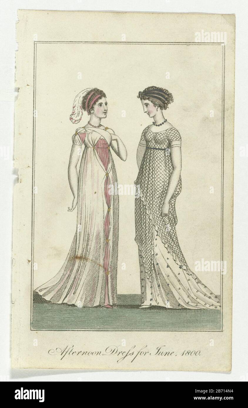 Signore museo mensile, 1800 abito Pomeridiano per giugno 1800 Due donne in abiti pomeridiani per giugno 1800. A sinistra: Gown mezzogiorno con maniche corte, vita alta e rimorchio. Due fasce elastiche e due fasce elastiche. Collana. Destra: Abito pomeridiano composto da una tunica a scacchi con maniche corte su una gonna punteggiata con treno. Tre fasce. Collana. Stampa la rivista di moda Ladies Monthly Museum (Londra, 1798-1832). Dove: Apparentemente era la signora nel vestito rosa e bianco prima nella rivista francese di moda 'Journal des Dames et des Modes'. Produttore : printmaker: Anonymous publisher: Verner & Hood (possib Foto Stock