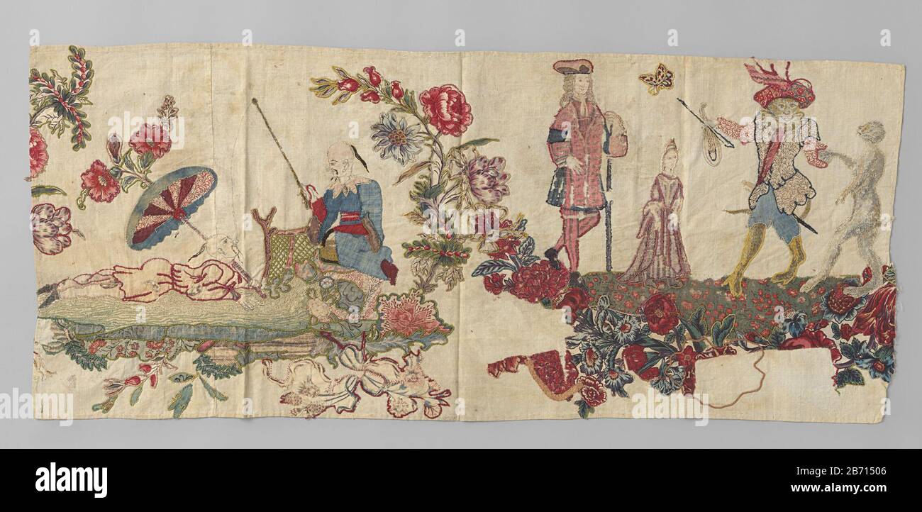 Lambrekijn di frammento ha incontrato een afbeelding van een Chinese hengelaar. In een door bloemtakken omgeven middentafereel zit een Chinese man te hengelen naar een in een vijver zwemmende Chinees met parasol. Rechts staan een europese een man en een vrouw die kijken naar twee danstende apen. De lambrekijn hoort bij drie lambrekijns (di fragmenten) incontrato invnr. BK-16441-B t/m BK-16441-e en een sprei met invnr. BK-16441-A. Oosterse textiel. Produttore : Plats fabbricante: India Dating: CA. 1700 - ca. 1750 Materiale: Textiel linnen Techniek: Ven / drukken dimensioni: H 47,0 cm. × b 105,0 cm. Foto Stock