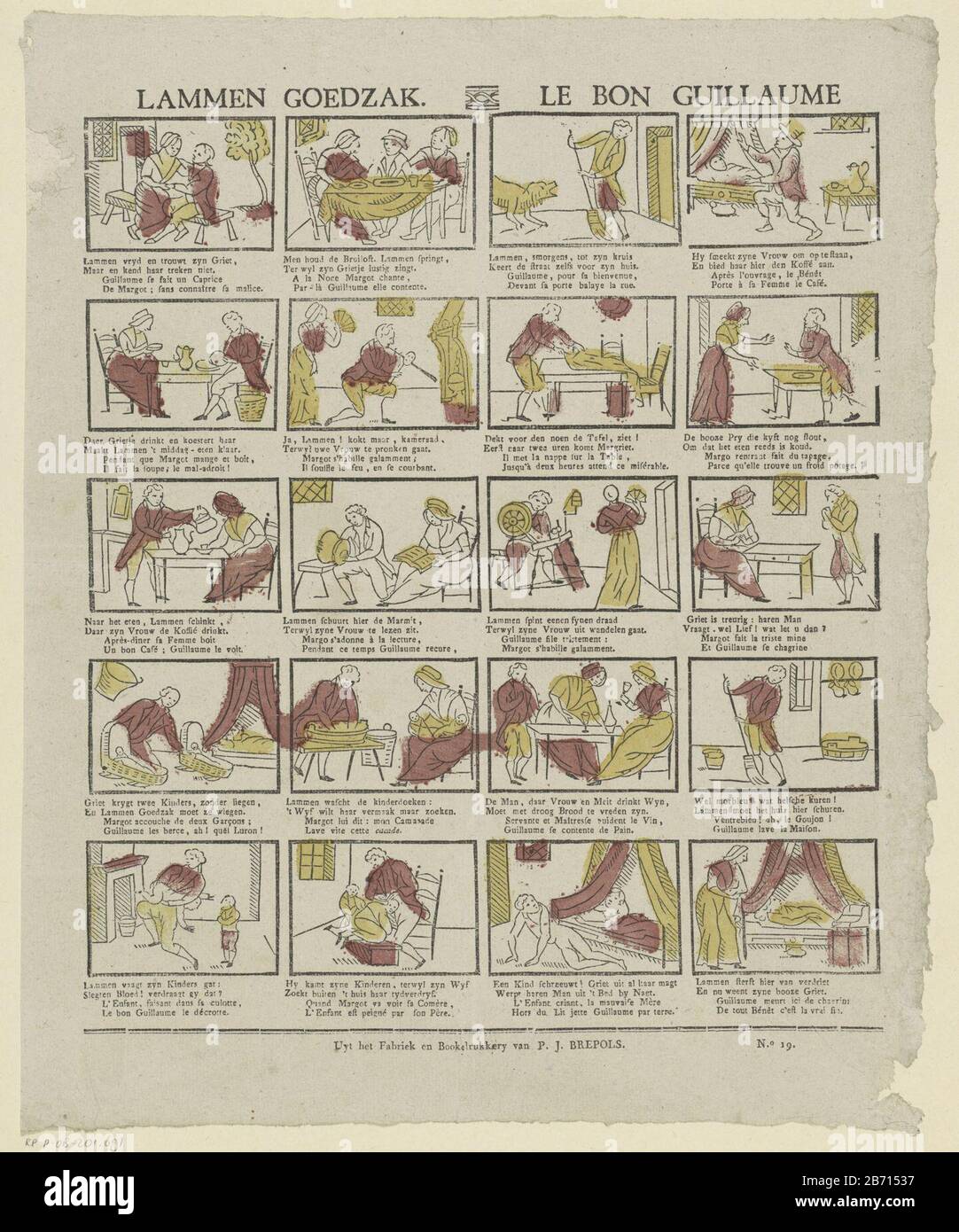 Lammen goedzak le bon Guillaume (titel op object) Leaf con 20 spettacoli sulla vita e le attività di Lammegoedzak e Griet. Sotto ogni immagine un versetto a due righe in olandese e francese. Numerato in basso a destra: N. 19. Produttore : editore: Philippus Jacobus Brepols (edificio elencato) printmaker: Anonymous Place manufacturing Turnhout dating: 1800 - 1833 caratteristiche Fisiche: Legno colorato in rosso e giallo; testo materiale di stampa: Carta Tecnica: Legno / colori / formati di stampa: Foglio: H 396 mm × W 320 mm Oggetto: Hen-pecked marito'Betty '' Molly '(uomo che si impegna nel lavoro delle donne) Foto Stock