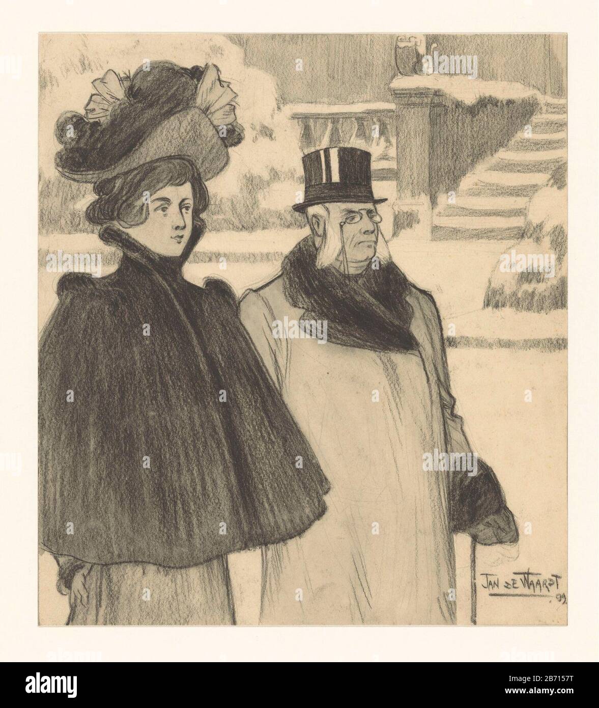 Landeigenaars (titel op object) Left una giovane signora con cappello e capo grande, a destra, un vecchio Signore con whiskers bianchi, bicchieri, cappello e canna. Dietro di loro cespugli, cordoli, scale e ringhiere, tutti innevati. Iscrizioni al ribasso: Landeigenaars. Produttore : artista Jan de Foto Stock