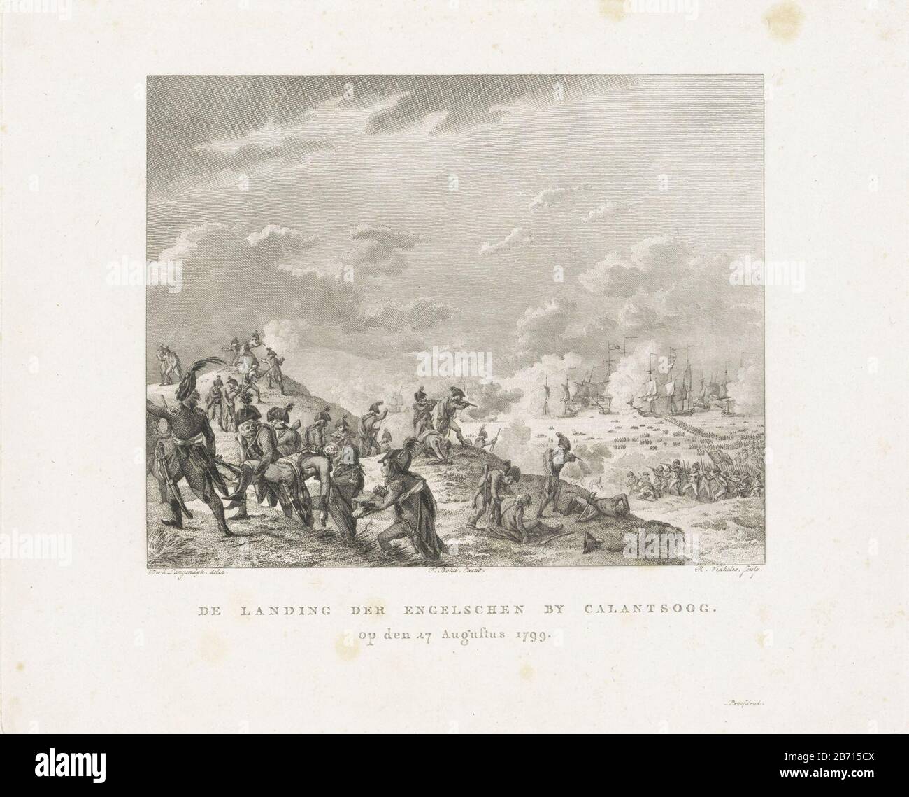 Landing van de Britten bij Callantsoog, 1799 De Landing der Engelschen di Callantsoog op den 27 Augustus 1799 (titel op object) lo sbarco della forza d'invasione britannica sulla costa di Callantsoog, 27 agosto 1799. In primo piano sparando i soldati Batavi sulle forze di sbarco, un soldato ferito è weggedragen. Produttore : printmaker: Reinier Vinkeles (i) (listed building) in drawing: Dirk Langendijk ( listed on object) editor: François Bohn (listed property) Produzione Luogo: Printmaker: Netherlands Editore: Haarlem Dating: 1800 - 1802 Caratteristiche Fisiche: Etching and engra, shown Foto Stock
