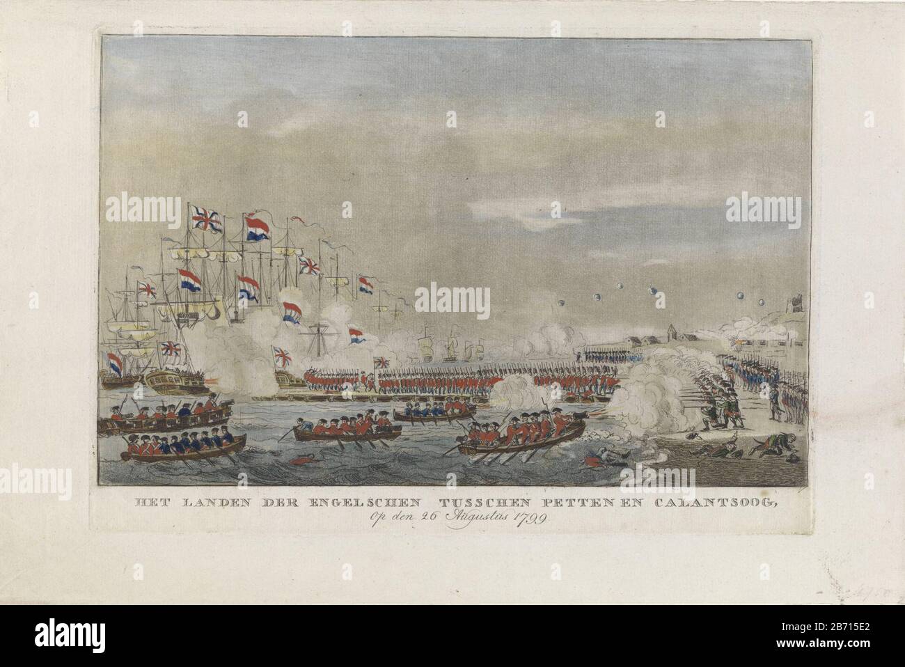 Landing van de Britten bij Callantsoog, 1799 Het Landen der Engelschen tusschen Petten en en Calantsoog, op den 26 Augustus 1799 (titel op object) lo sbarco della forza d'invasione britannica sulla costa di Callantsoog, 27 agosto 1799. Truppe arri in barca e un pontone ponte per la costa. Dalla spiaggia sparano i soldati della Batavia sulle truppe di sbarco. Vedere anche il telecomando. Produttore : printmaker: Editore anonimo Abraham Blussé & Son (possibile) Luogo di produzione: Printmaker: Netherlands Editore: Dordrecht Data: 1799 - 1800 Caratteristiche Fisiche: Acquaforte e acquatint stampati a colori e a mano- Foto Stock