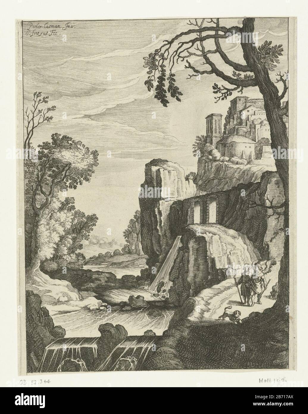 Tobias e l'arcangelo Raffaello camminando lungo un fiume. Sono accompagnati da un cane. Sullo sfondo è un villaggio su un heuvel. Produttore : stampatore Simon Frisius (edificio elencato), disegnato da Pieter Lastman (Proprietà elencata) Fabbricazione Del Luogo: Stampatore: Nord Olanda progettare: Amsterdam Data: 1595 - 1628 caratteristiche Fisiche: Materiale di incisione : tecnica della carta: Dimensioni di incisione: Foglio: H 205 mm × W 164 mm Oggetto: Tobias e l'angelo Raphael viaggiano, Accompagnati dal cane di Tobias Foto Stock