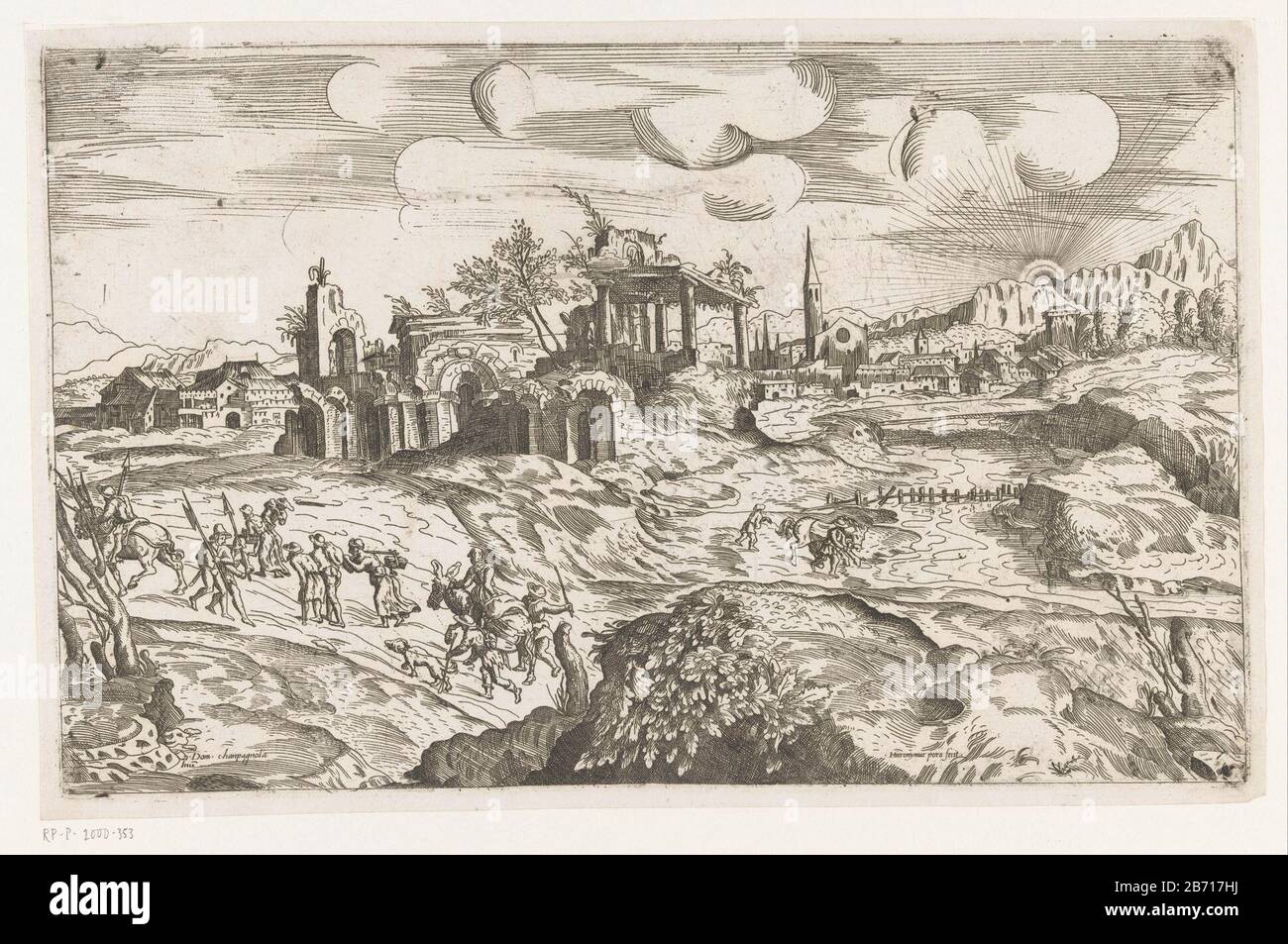 Un paesaggio collinare a sud con antiche rovine. Sullo sfondo a destra un villaggio e colline Dove: Sorgere da dietro il sole. In primo piano a sinistra un gruppo di personaggi itineranti: Alcuni a cavallo, altri a piedi, con bagagli sul dragend posteriore. Produttore : printmaker: Girolamo Porro (listed property) Designed by: Domenico Campagnola (listed property) Luogo di produzione: Italia Dating : 1530 - 1604 caratteristiche Fisiche: Materiale di incisione: Tecnica della carta: Dimensioni di incisione: Bordo della piastra: H 241 mm × W 381 mm Soggetto: Paesaggio paesaggistico con ponte, viadotto o acquedotto e lan Foto Stock