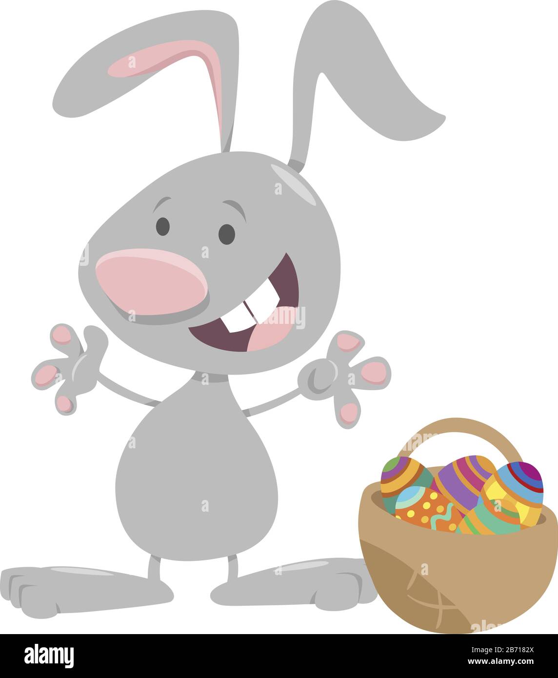 Illustrazione del fumetto di coniglio di Pasqua divertente con cestino di Uova Colorate Illustrazione Vettoriale