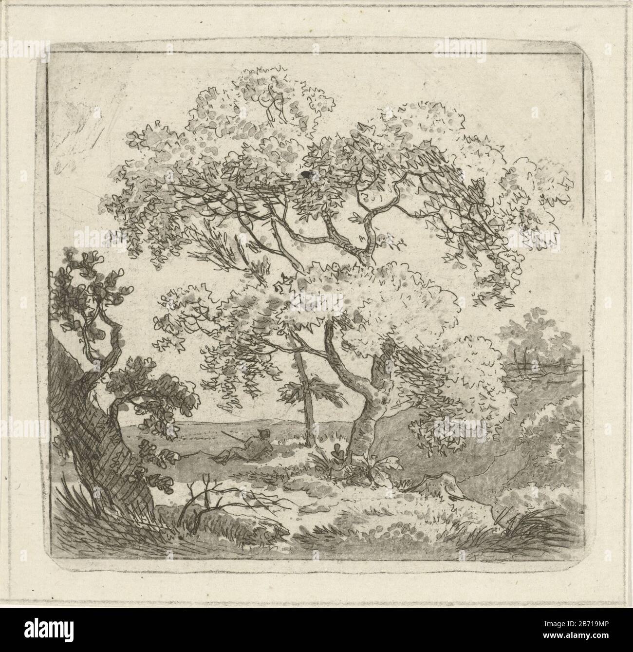 Landschap incontrato boom un paesaggio con alberi e sullo sfondo una persona sdraiata. Creatore della produzione: Printmaker Hermanus FockPlats fabbricante: Amsterdam Data: 1781 - 1822 caratteristiche Fisiche: Acquaforte e acquatinta materiale: Carta Tecnica: Acquaforte / acquatinta dimensioni: Bordo della lastra: H 87 mm × W 91 mm Oggetto: Paesaggi riposanti Foto Stock