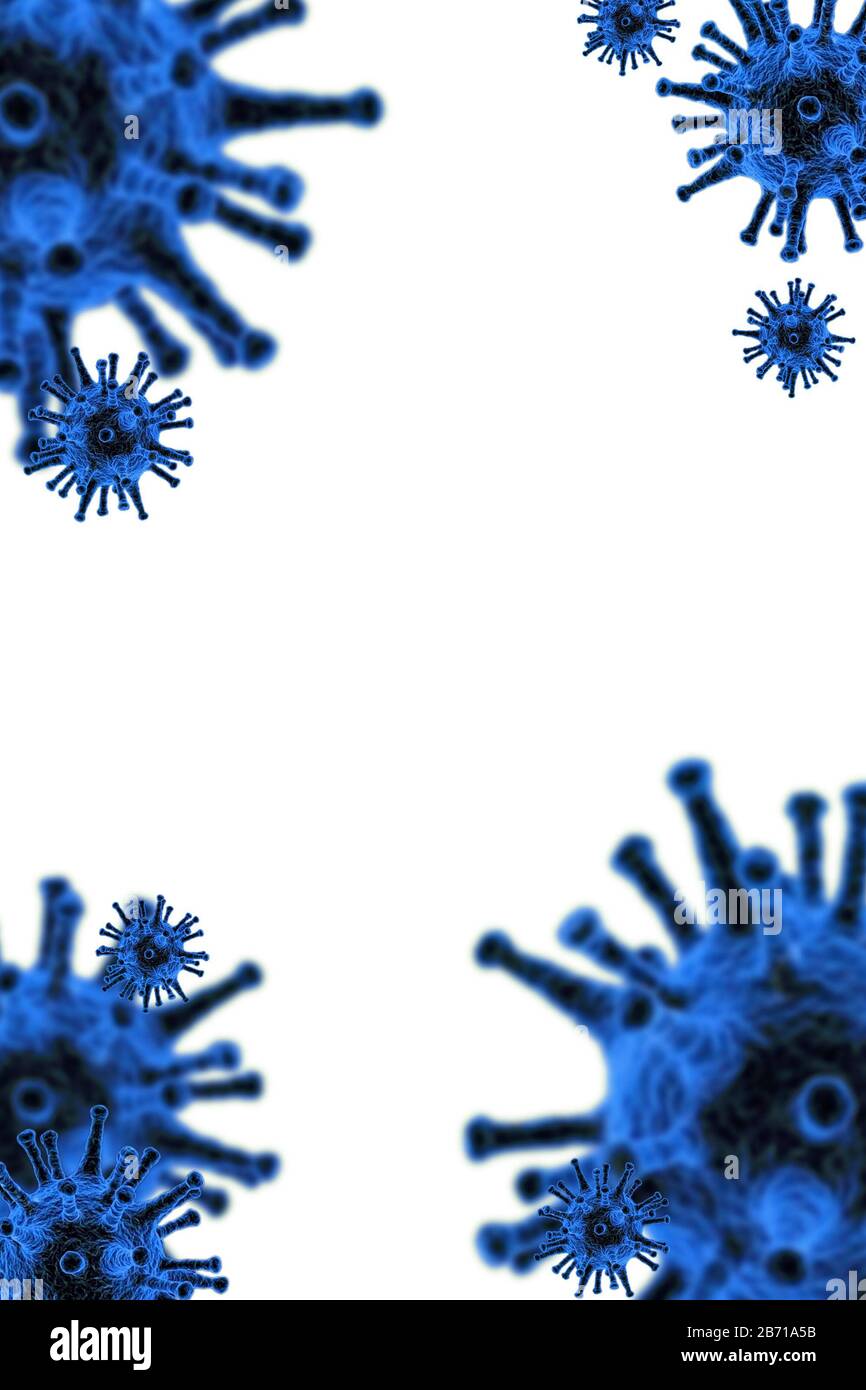 Concetto di attacco del virus Corona, molti attacchi di virus blu isolati su sfondo bianco Foto Stock