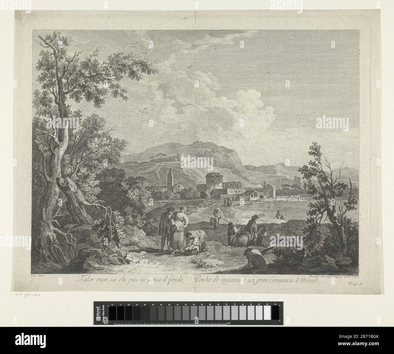 Landschap met dorp aan meer Een landschap met een dorp aan een meer. Op de voorgrond vrouwen Met wasmanden, een man te paard en vissers aan de waterkant. Genummerd rechtsonder: No. 49. 11. Produttore : stampatore: Fabio Berardi (vermeld op object)naar schilderij van: Giuseppe Zaïs (vermeld op object)uitgever: Joseph Wagner (vermeld op object)Plats fabbricante: Italiëuitgever: Venetië datazione: 1738 - 1767 Kenmerken Fisico: ETS Materiale: Techniek: Etsen dimensioni: Plaatand h 361 mm × 469 Oggetto: ETS Landschappenvillagevillage - II - Ideal montato lago - HH - ideale l Foto Stock