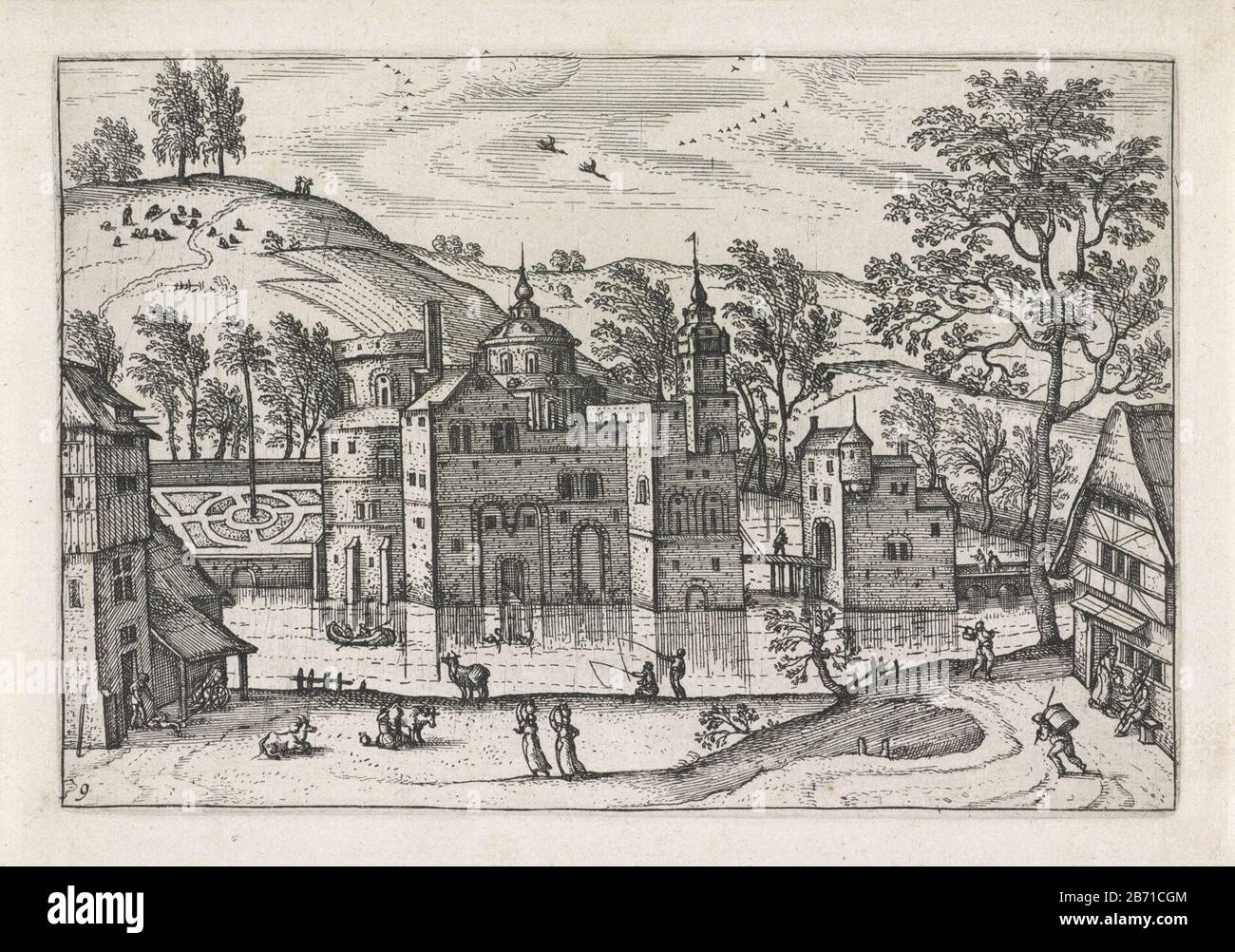 Landschap met een porta acqua omgeven kasteel Kleine landschappen (serietitel) paesaggio Collinare con un castello. Un fossato intorno al castello. In primo piano figuren. Produttore : stampatore Pieter van der Borcht (i) a design by Pieter van der Borcht (i) Editore: John Gall Luogo fabbricazione: Anversa Data: 1601 e / o 1610 - 20-Dec-1676 caratteristiche Fisiche: Acquaforte materiale : carta Tecnica: Incisione dimensioni: Bordo della piastra: H 138 mm × W 201 mmToelichtingDeze stampato dall'editore Philip Galle aggiunto alla serie di piccoli paesaggi, che è inciso dai fratelli di Doetecum progettato dalla M. Foto Stock