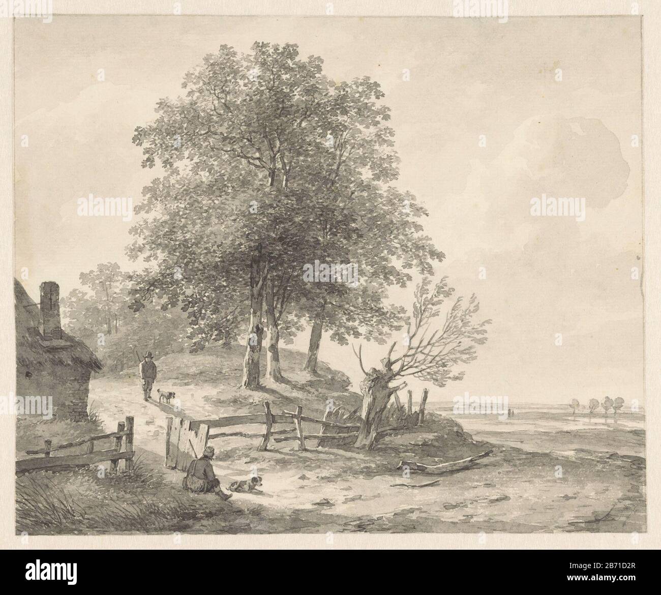 Landschap ha incontrato een huisje op een heuvel Landscape con a sinistra una collina con una casa e alcuni alberi e due cacciatori hond. Produttore : artista: Andreas Schelfhout Datato: 1797 - 1870 caratteristiche Fisiche: Spazzola in nero, gesso nero materiale: Carta gesso Tecnica: Dimensioni spazzola: H 215 mm × W 261 mm Oggetto: Fattoria o casa solitaria in cacciatore di paesaggio Foto Stock
