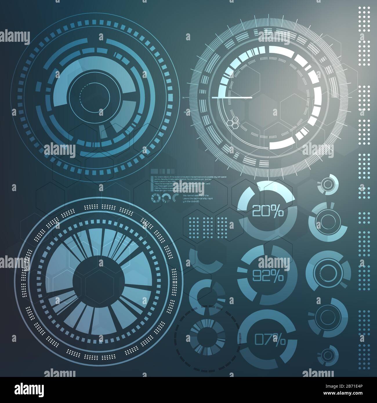 Elemento tecnologico. Contesto tecnologico con vari elementi tecnologici. Illustrazione Techno Illustrazione Vettoriale