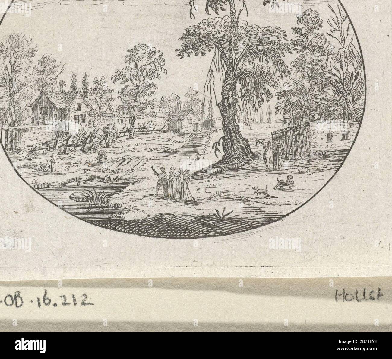 Landschap met figuren bij een boom Landschappen in ovalen (seriettel) un paesaggio con figure da un grande albero, alcune case sullo sfondo. Stampa una serie di otto paesaggi raffigurati, tutti in un ovaal. Produttore : printmaker Charles Cornelisz. The HoochPlats fabbricante: Northern Netherlands Data: CA. 1613 - 1638 caratteristiche Fisiche: Incisione e engra materiale: Carta Tecnica: Incisione / engra (processo di stampa) Misure: Bordo lastra: H 74 mm × b 87 mm Oggetto: Paesaggi (+ paesaggio con figure, personale) Foto Stock