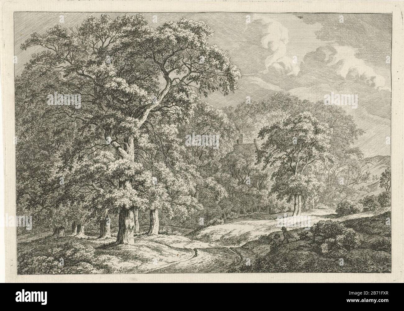 Landschap ha incontrato hoge bomen paesaggio con alberi alti e due figure seduti accanto a una strada. Tra gli alberi il tetto di un huis. Produttore : stampatore: Franciscus Andreas Milatz (edificio elencato) nel suo disegno: Franciscus Andreas Milatz (Proprietà elencata) Fabbricazione Del Luogo: Haarlem datazione: 1784 - 1808 caratteristiche Fisiche: Materiale di incisione: Tecnica della carta: Incisione dimensioni : bordo della piastra: H 174 mm × W 244 mm Oggetto: Strada pubblica dell'albero Foto Stock