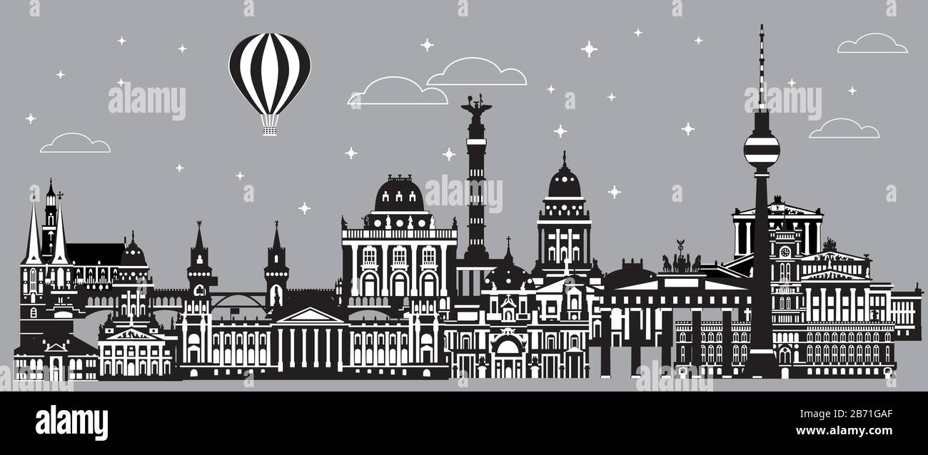 Panoramica vettore viaggio illustrazione dello skyline di Berlino, Germania. Illustrazione isolata monocromatica. Concetto di viaggio nel paesaggio urbano di Berlino. Illustrazione orizzontale Illustrazione Vettoriale