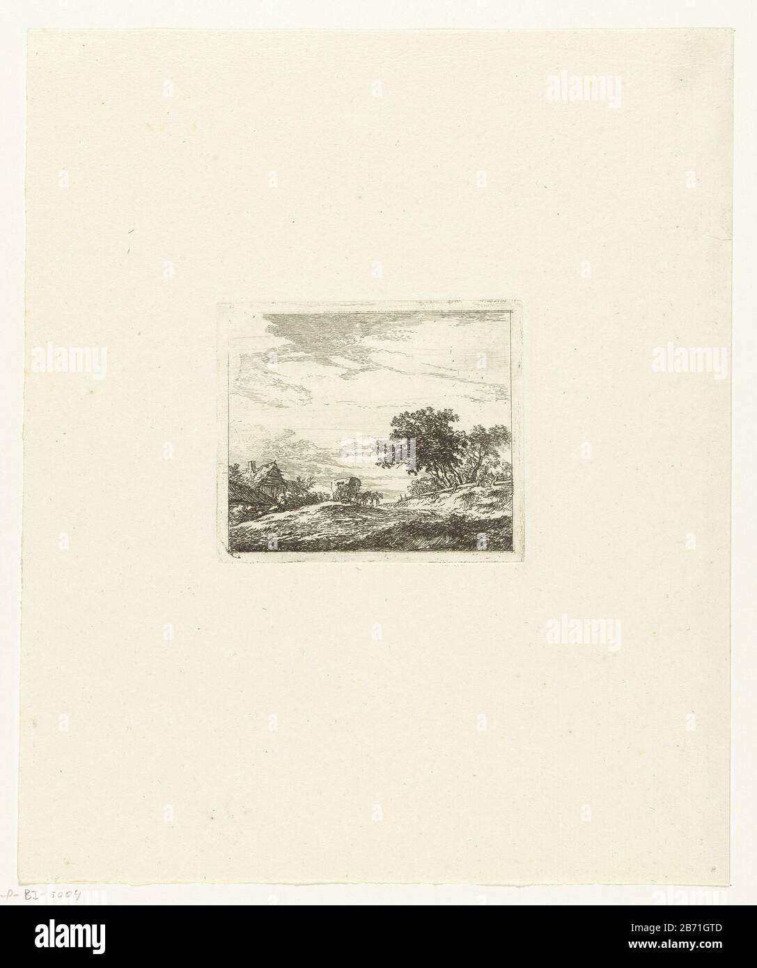 Landschap met koets Landscape with Carriage tipo di oggetto: Immagine numero articolo: RP-P-BI 5004Catalogusreferentie: Sliggers 24-3 (3) Marches / Brands: Collector's mark, vero, timbrato: Lugt 2228 fabbricante : printmaker: Hermanus van Brussel to own design : Hermanus Bruxelles Luogo produzione: The Netherlands Data: 1800 - caratteristiche in o per 1815 Fisico: Incisione e punto secco materiale: Carta Tecnica: Incisione / punto secco misure: Bordo della lastra: H 83 mm × b 97 mm Oggetto: Paesaggi nella zona temperata Foto Stock