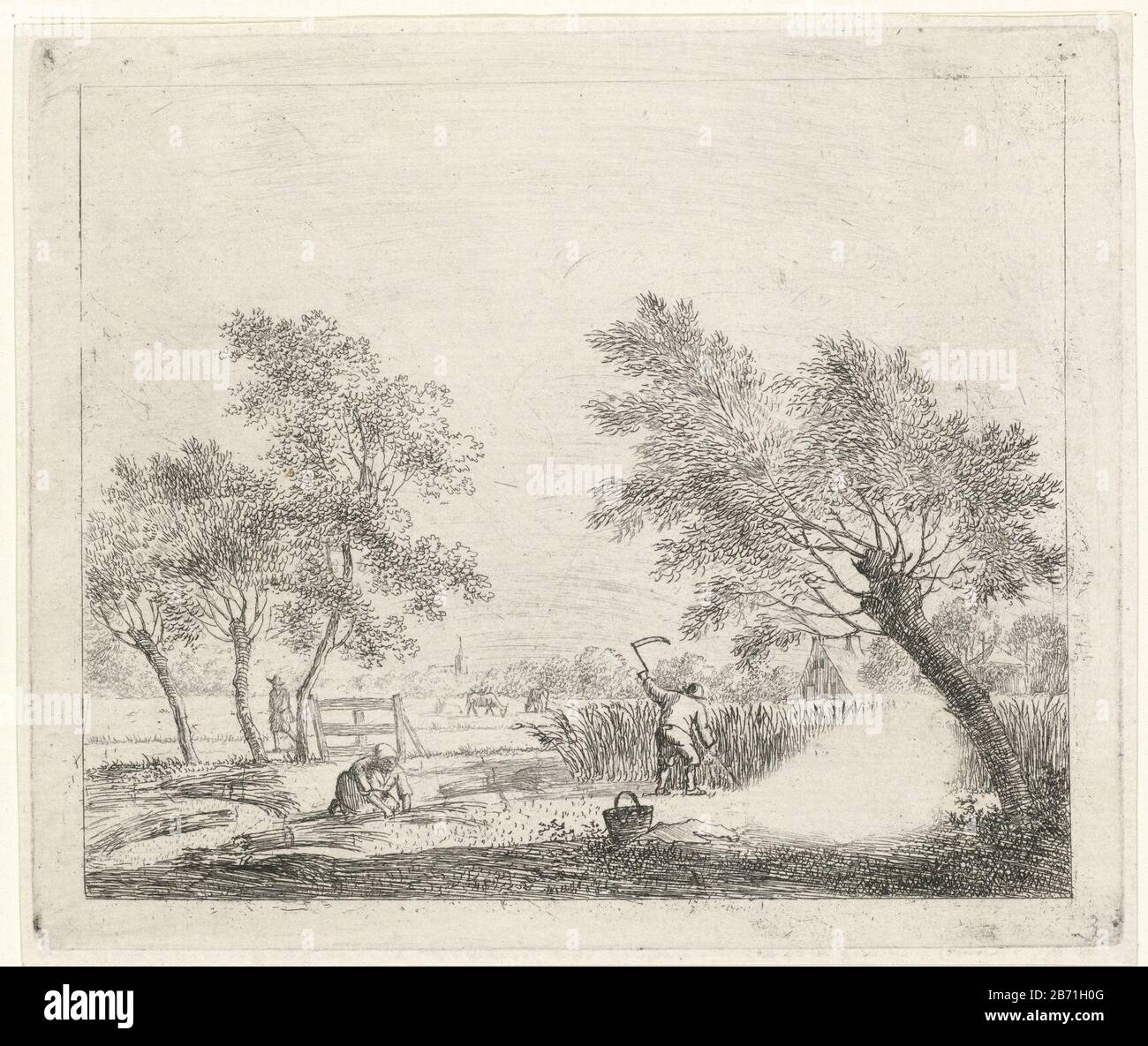 Landschap ha incontrato korenoogst Augustus De twaalf maanden (seriettel) De gecouleurde Teekeningen van de 12 Maanden () (serietitel) il paesaggio con l'agricoltore si lega tra i cori e un coltivatore raccolta di mais. Sullo sfondo a sinistra un uomo che cammina. Due figure sotto l'albero sulla destra sono scolpite. Prima dell'aria. Nona immagine di una serie di tredici con maanden. Produttore : produttore di stampe, John Janson A disegno proprio di: John Janson Luogo fabbricazione: Leiden Data: 1783 caratteristiche Fisiche: Incisione; materiale di prova: Carta Tecnica: Incisione dimensioni: Bordo della piastra: H 143 mm × W 171 mm Oggetto: Foto Stock