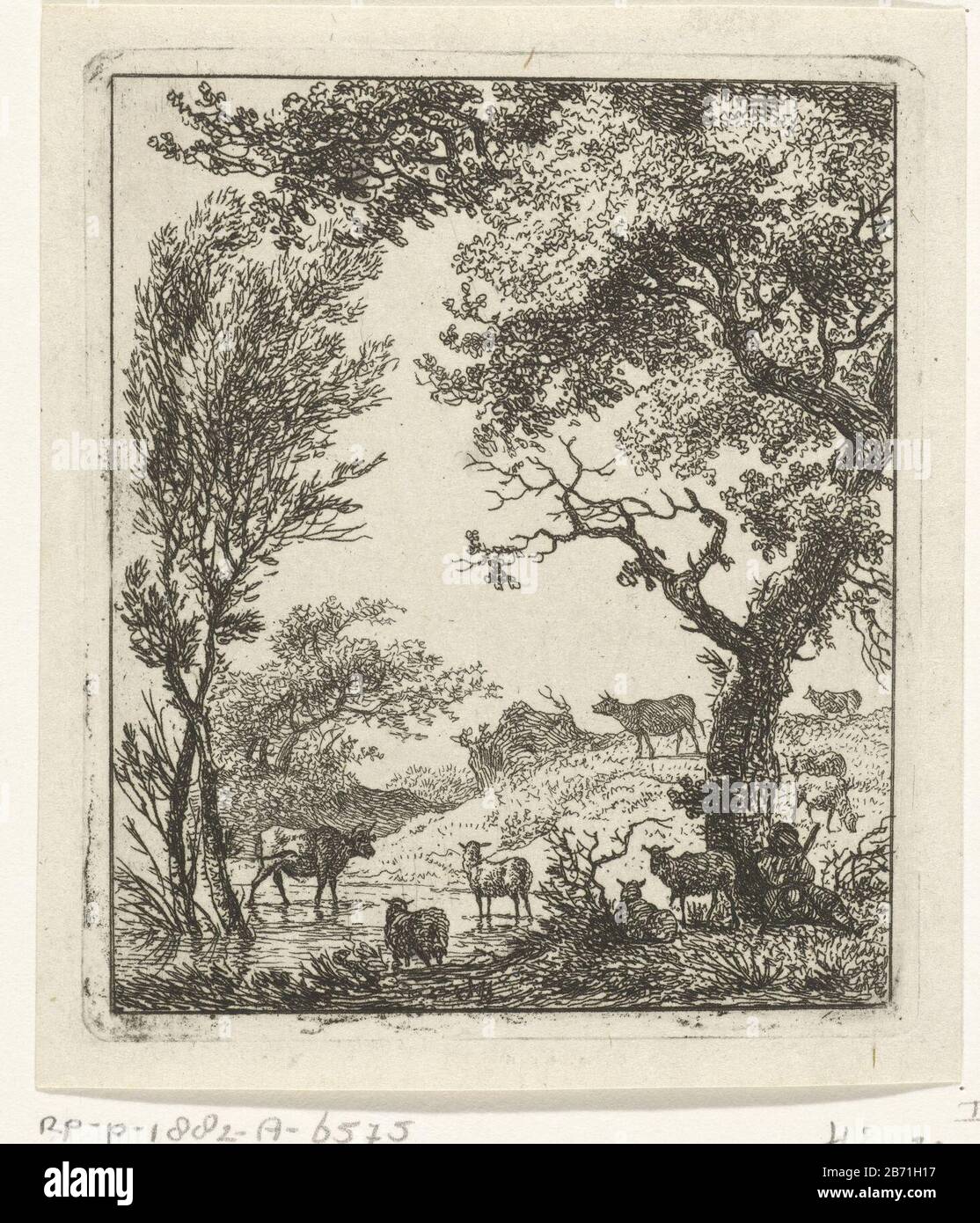 Landschap ha incontrato kudde vee un gregge di mucche e pecore in un paesaggio collinare con alberi e acque poco profonde. Produttore : stampatore Hermanus FockPlats prodotto: Amsterdam Data: 1781 - 1822 caratteristiche Fisiche: Materiale di incisione: Tecnica della carta: Dimensioni di incisione: Bordo della lastra: H 82 mm x W 70 mm Oggetto: Bestiame Foto Stock