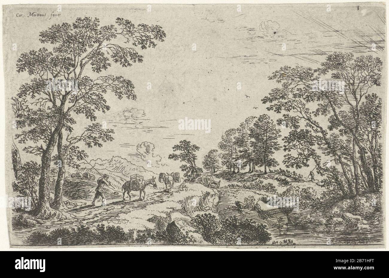 Landschap incontrò muilezeldrijver Landscape con un mulattiere e tre ezels. Produttore : stampatore Cornelis Matthieu (edificio elencato) editore: Frans van den Wijngaerde (proprietà quotata) Luogo fabbricazione: Anversa Data: 1637 - 1656 caratteristiche Fisiche: Materiale di incisione: Tecnica della carta: Dimensioni di incisione: Foglio: H 103 mm × W 159 mm Oggetto: Paesaggi mulattili nella zona temperata e Foto Stock