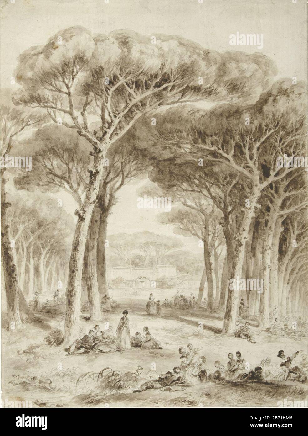 Landschap met parasoldennen Paesaggio con pini tipo di oggetto: Disegno numero Oggetto: RP-T 1953-206 Produttore : artista: Jean Honoré Fragonard Appuntamenti: 1773 - 1775 Caratteristiche Fisiche: Pennello in marrone, sopra uno schizzo in gesso nero materiale: Carta Tecnica: Matita / crayon dimensioni : H 447 mm × W 337 mmedificio ToelichtingHet si considera erroneamente Villa Pamphili a Roma (Piere Rosenberg) . Oggetto: Alberi del Parco: Pino Foto Stock