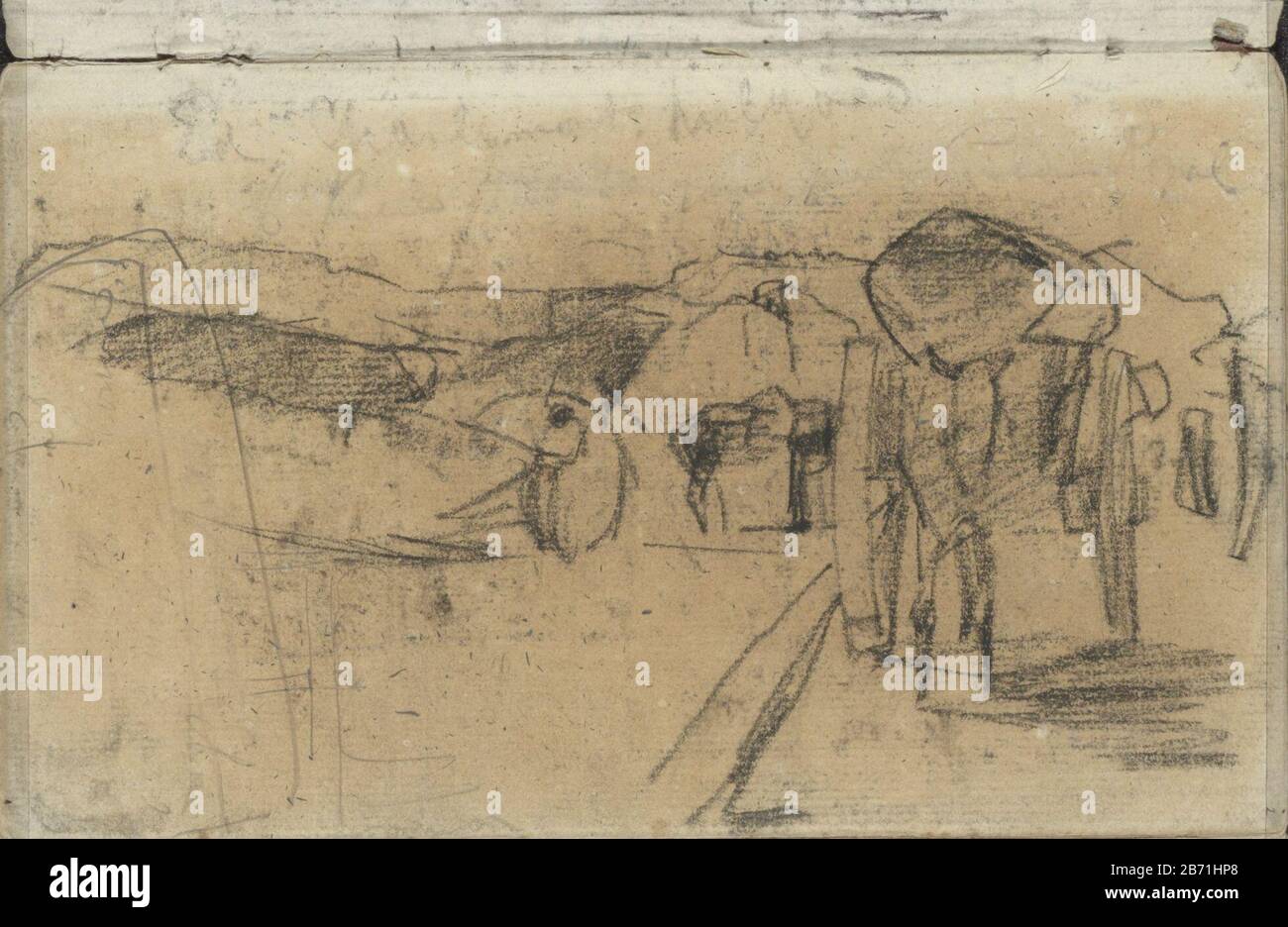 Landschap met paardencarren Landscape with horse cars tipo di oggetto: Foglio di Sketchbook numero articolo: RP-T-1924-18-2 Iscrizioni / marchi: Annotazione, scritto a mano: '[...]' Descrizione: Pagina 2 da uno sketchbook con 25 bladen. Produttore : artista George Hendrik Breitner luogo di fabbricazione: Parigi Data: 1884 - 1886 caratteristiche Fisiche: Gesso nero e materiale a matita: Carta gesso matita Oggetto: Landschappentwo-veicolo a ruote disegnato da un animale Foto Stock
