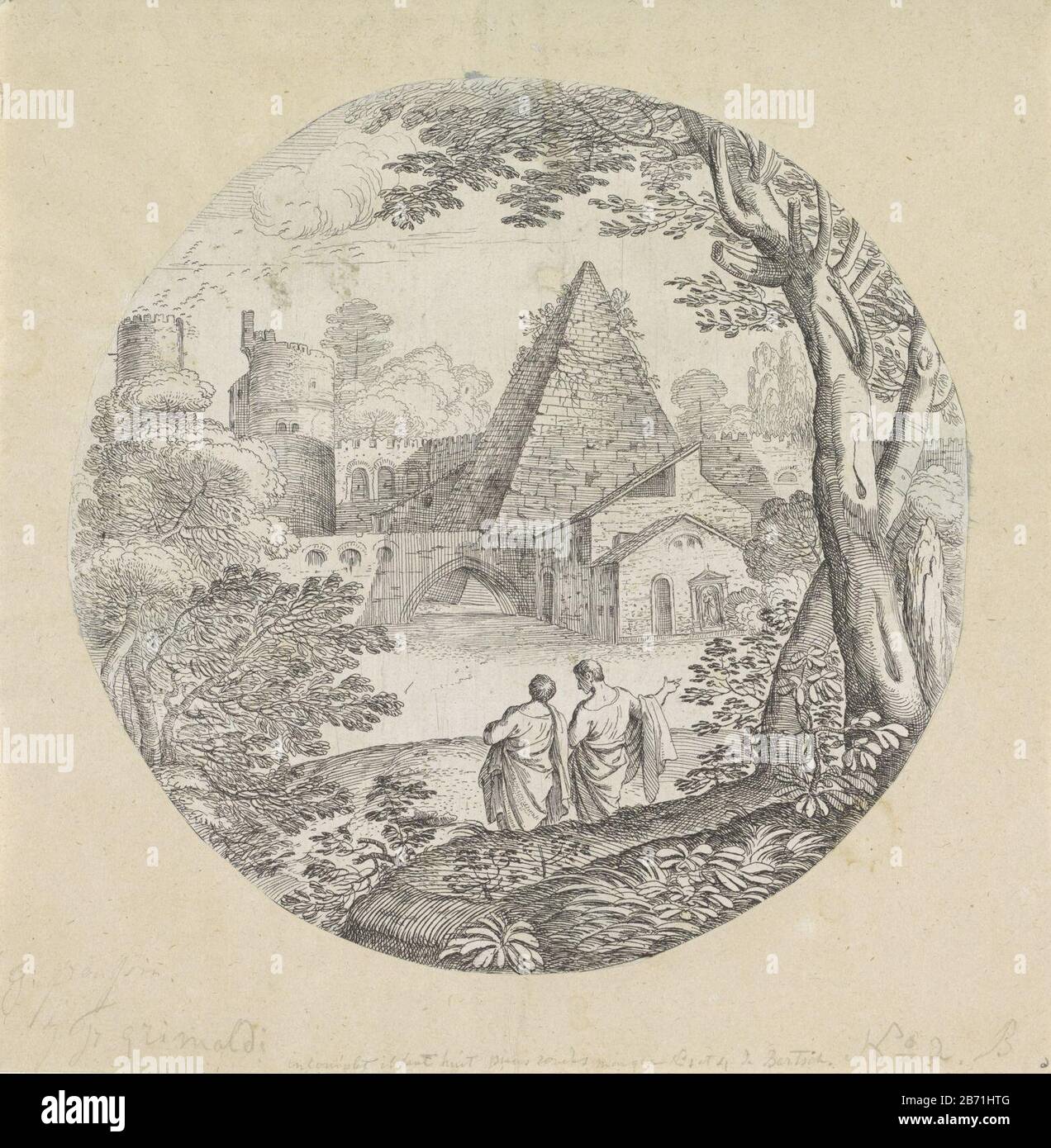 Landschap ha incontrato piramide Due uomini, visto dalla parte posteriore, si affacciano su un insediamento con piramide. Produttore : stampatore Giovanni Francesco Grimaldi a proprio disegno: Giovanni Francesco Grimaldi Luogo produzione: Italia Data: 1616 - 1680 caratteristiche Fisiche: Materiale di incisione: Tecnica della carta: Dimensioni di incisione: Foglia d 193 mmToelichtingVoorstelling around uitgeknipt. Soggetto paesaggio piramide (contrassegno grave) paesaggi urbani e paesaggi con strutture umane e. Foto Stock