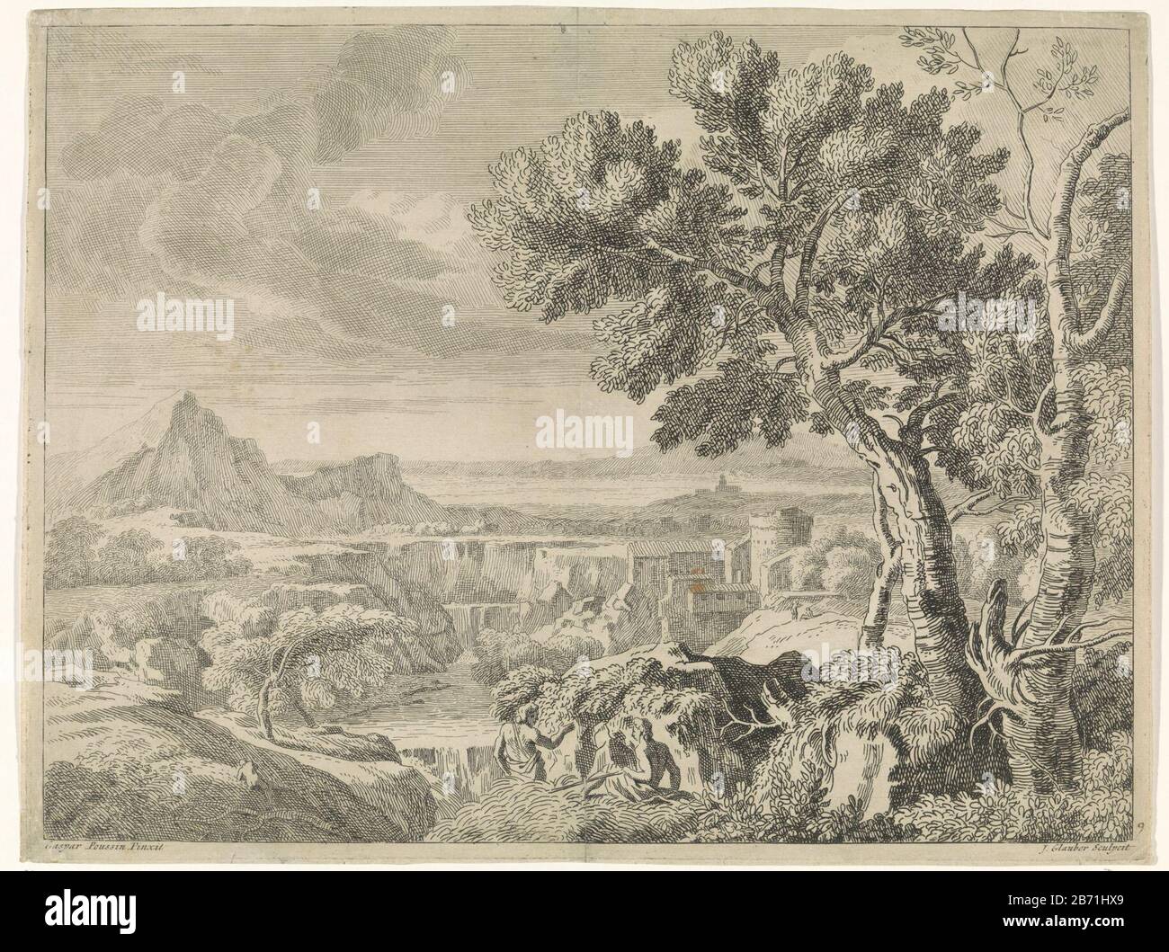 Landschap ha incontrato ravijn en waterval Landschappen naar Gaspar Poussin (seriettel) paesaggio Collinare con un burrone e una cascata. Sullo sfondo destro un castello. In primo piano, due escursionisti riposano. La stampa fa parte di una serie di paesaggi dipinti di Gaspar Poussin. Produttore : stampatore John Glauber (proprietà in elenco) alla pittura: Gaspard Dughet (proprietà in elenco) Luogo fabbricazione: Sconosciuto Data: 1656 - 1726 caratteristiche Fisiche: Materiale di incisione: Tecnica della carta: Dimensioni di incisione: Foglio: 293 mm × h 389 b mm Oggetto: (Alto) filofilafilegra, chasm, abisso, canyon (+ paesaggio con fig Foto Stock