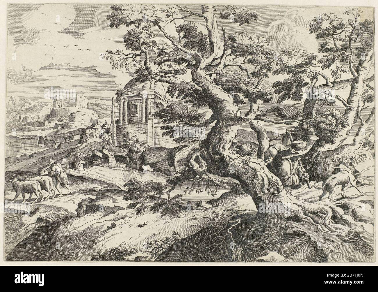 Landschap met reiziger bij een boom Landscape with right of center a whimsical tree; right it run a traveller with a knapsack and dog. Negli alberi due uccelli con un ramo in bocca. Sullo sfondo, un paesaggio con antiche strutture e herder. Produttore : stampatore Charles MacéPlats prodotto: Francia Data: Circa 1663 Materiale: Carta Tecnica: Incisione dimensioni: Foglio: H 280 mm (taglio bordo interno della piastra) × W 404 mm (taglio bordo interno della piastra) Oggetto: Paesaggio alberato con rovine 'lungo il percorso, viaggiatori sotto i paesaggi di strada nella zona temperata (+ paesaggio con figure, personale) Foto Stock