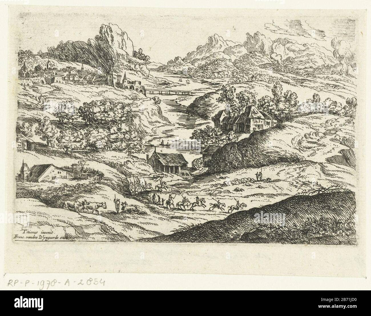 Landschap ha incontrato ruiters Kleine landschappen naar Titiaan (seriettel) Landscape con un gruppo di piloti e pastori. Al fiume un certo numero di case e in lontananza uno stad. Produttore : stampatore: Lucas van Uden alla progettazione: Titian (possible) Editore: Frans van den Wijngaerde (property) Luogo di produzione: Olanda Data: 1605 - 1673 caratteristiche Fisiche: Acquaforte materiale: Tecnica della carta: Acquaforte dimensioni: Bordo della lastra: H 88 mm × W 132 mm Oggetto: Guerra fluviale; affari militari (+ cavalleria, horsemen) Foto Stock