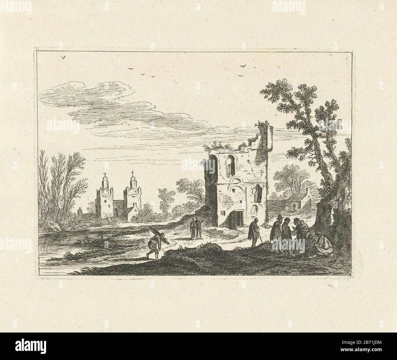 Paesaggio con rovina e un gruppo di figure in un albero. Sullo sfondo una chiesa con due torri lungo un fiume. Quinta foto da una serie di otto landschappen. Produttore : stampatore John Gronsveld a disegno: Jan van Goyen Place prodotto: Amsterdam Data: 1679 - 1728 caratteristiche Fisiche: Materiale di incisione: Carta Tecnica: Incisione dimensioni: Bordo della lastra: H 128 mm × W 177 mm Oggetto: Paesaggio con gelificazione Foto Stock