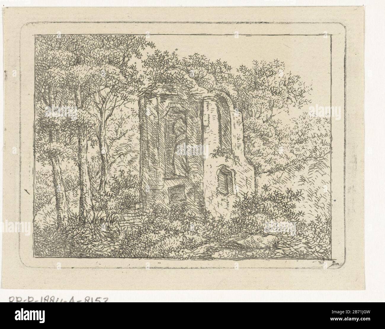 Paesaggio con rovine tra alberi tipo Di Oggetto: Foto numero articolo: RP-P-1884-A 8153 Iscrizioni / marchi: Collector's mark, vero, stampato: Lugt 2228 Produttore : stampatore Jan van Delden Luogo fabbricazione: Amsterdam Data: 1794 - 1854 caratteristiche Fisiche : acquaforte materiale: Tecnica della carta: Dimensioni dell'incisione: Bordo della piastra: H 69 mm × 91 b mm Oggetto: Paesaggio con gelificazione Foto Stock