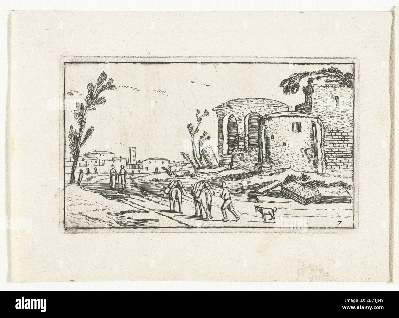 Paesaggio con paesaggi rovinati a Esaias van de Velde (titolo della serie) Tipo Di Proprietà: Stampa numero di serie: 7 / 14Objectnummer: RP-P-1885-A-9375Catalogusreferentie: Hollstein Dutch 8 dopo due (2) Marcature / marchi: Collector's mark, reverse bottom center, timbrato: Lugt 2228a Produttore : da stampare da: Esaias van de Velde print autore: Editore anonimo John Pietersz. Berendrecht Luogo di produzione: Haarlem Data: 1610 - 1617 caratteristiche Fisiche: Materiale di incisione: Carta Tecnica: Dimensioni di incisione: Bordo della lastra: H 58 mm × 97 b mm Oggetto: Paesaggio con gelificazione Foto Stock