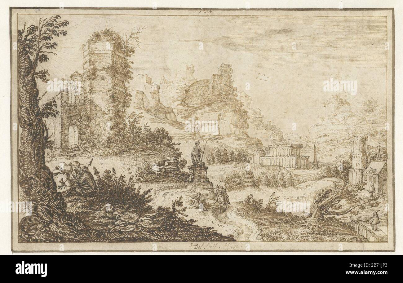 Paesaggio con rovine ed edifici tra le rocce al centro sono artisti che fanno un'immagine a schetsen. Produttore : artista: Herman Brecker Field Data : 1624 caratteristiche Fisiche: Penna in materiale marrone: Inchiostro carta Tecnica: Penna dimensioni: H 160 mm × W 253 mm Foto Stock