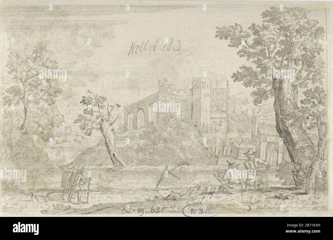 Landschap met twee schetsende kunstenaars aan het water Pastorale landschappen (seriettel) Due artisti si siedono con uno schizzo dell'acqua. Dall'altro lato si trovano le rovine di un castello. Waterfront è un piccolo edificio, dove: Guardando fuori in una figura su una mezza porta. Due escursionisti con una marcia sulle spalle a piedi con il loro cane sul weg. Produttore : stampatore Paul van Somer (II) (edificio elencato), progettato da Paul van Somer (II) (edificio elencato) Datato: 1670 caratteristiche Fisiche : materiale di incisione: Tecnica della carta: Dimensioni di incisione: Foglio: H 112 mm × W 171 mmToelichtingZelfde stampa sul recto A. Foto Stock